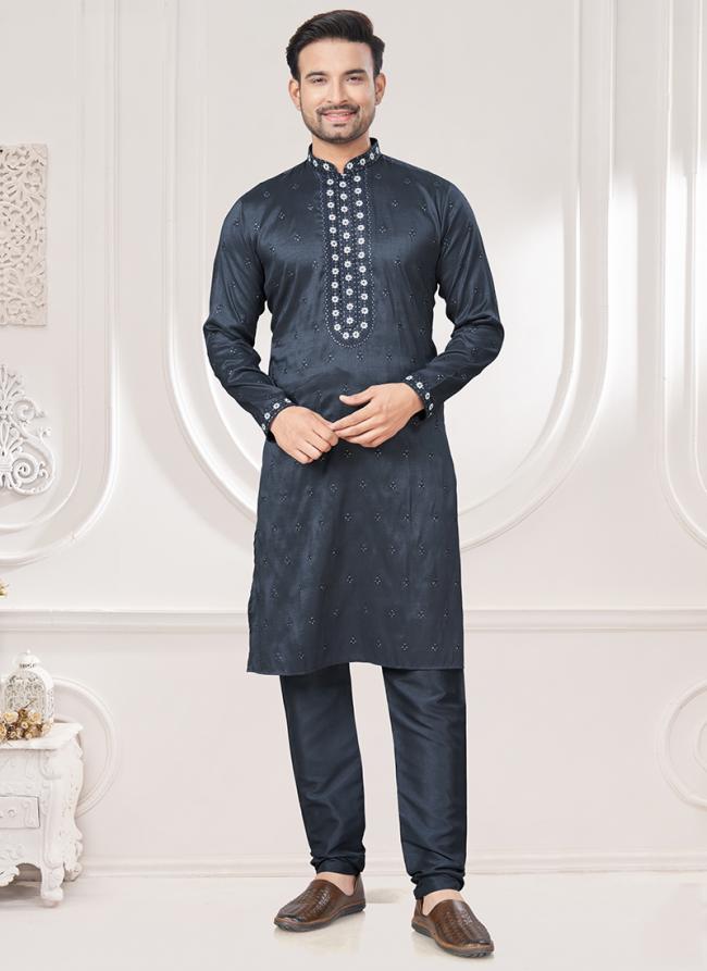 Pure Silk Grey Traditional Wear Embroidery Work Readymade Kurta Pajama